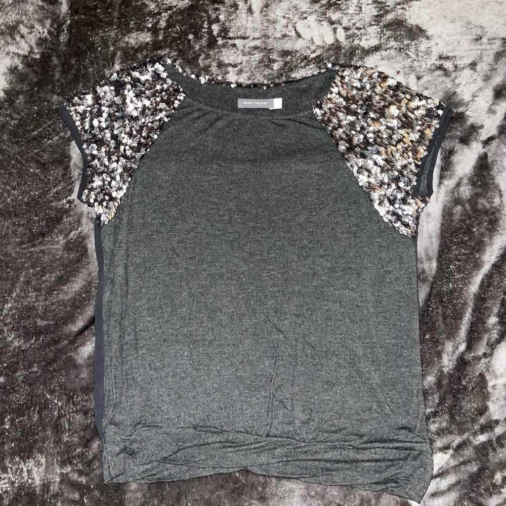 Mint Velvet Sequin Sleeve T-Shirt, Grey